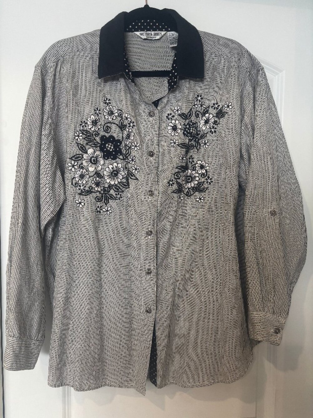 Vintage Victoria Jones Striped Floral Embroidered Cotton Shirt Size 20W